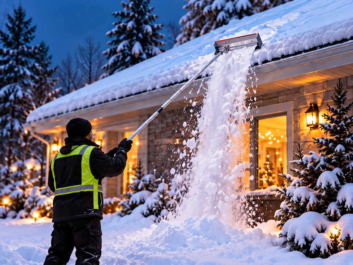 Déneigement résidentiel de toiture effectué sécuritairement à partir du sol