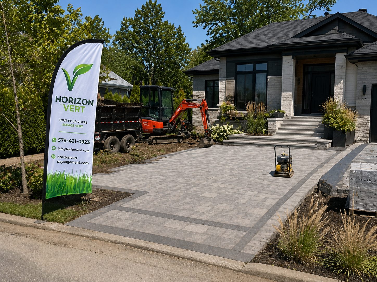 Chantier d’installation de pavé uni sur une entrée résidentielle avec plaque vibrante et mini-excavatrice Horizon Vert