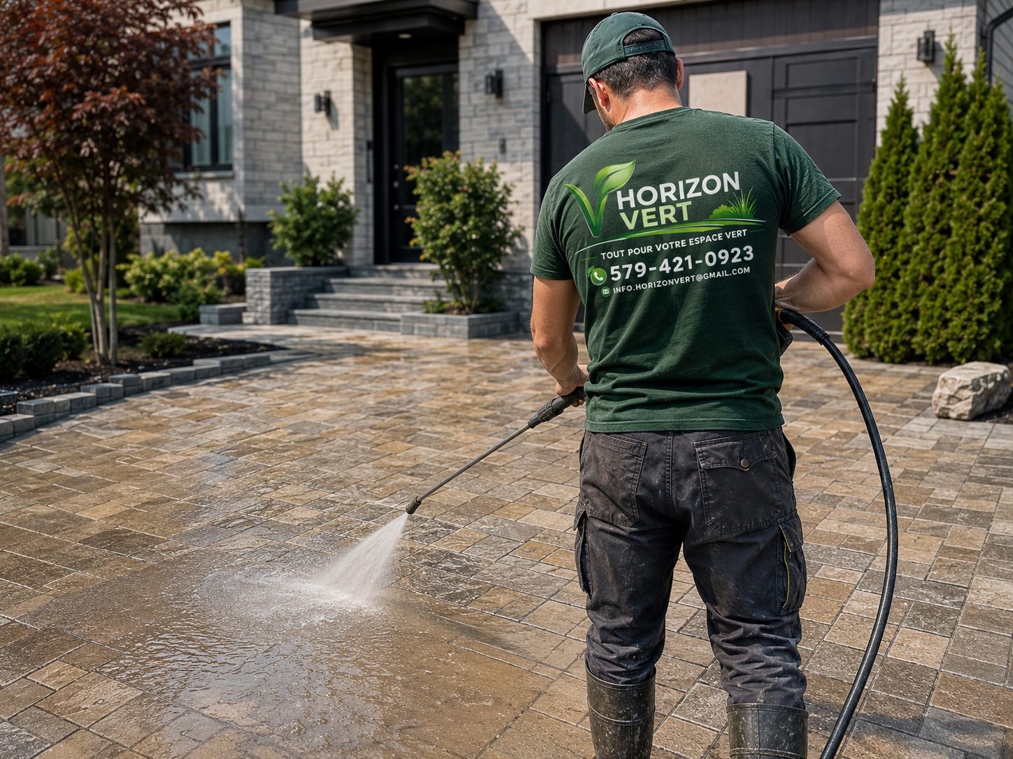 Technicien Horizon Vert nettoyant une entrée en pavés à l’aide d’un jet à haute pression pour raviver la surface