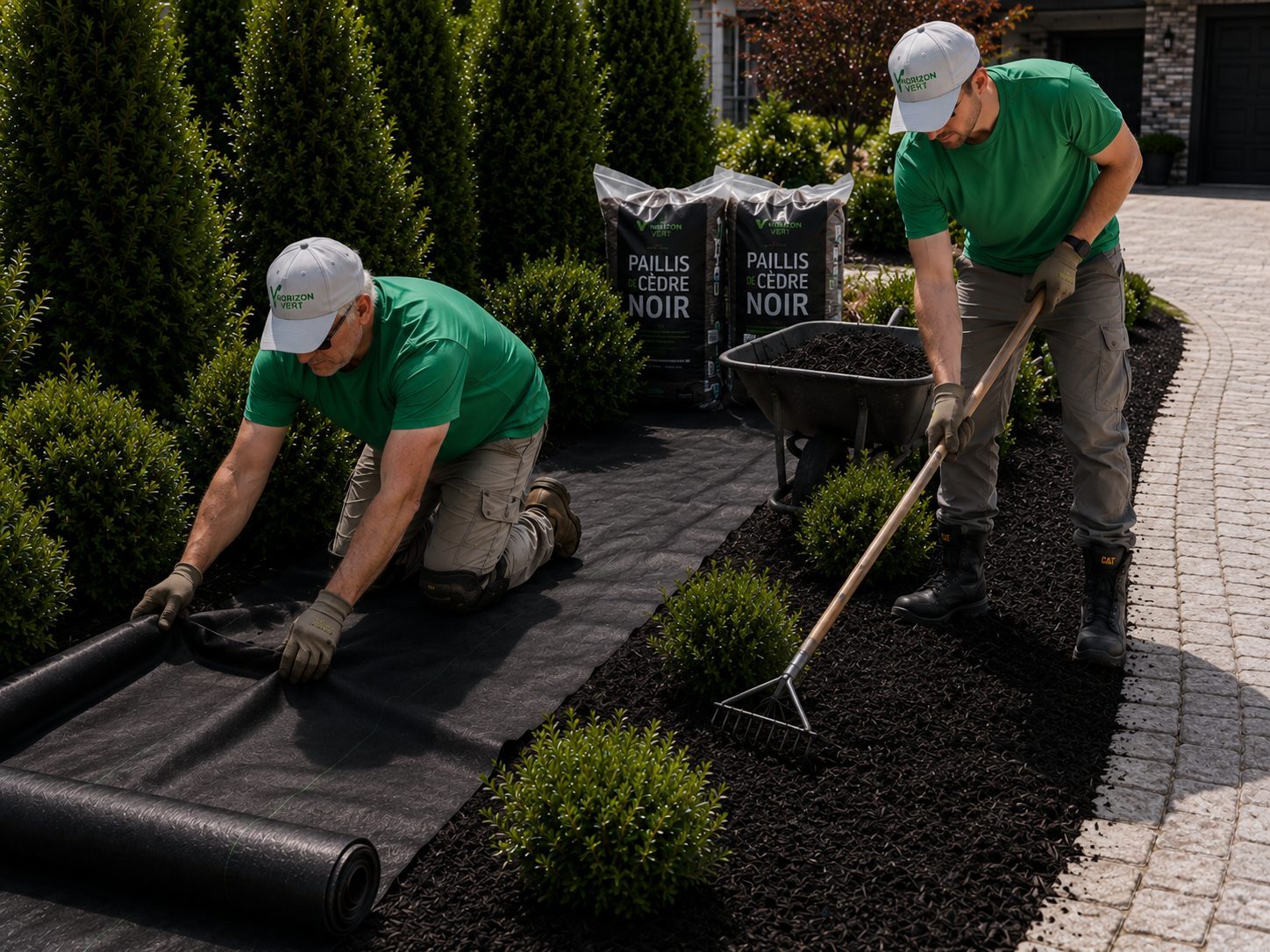 Deux paysagistes Horizon Vert installant une membrane géotextile et du paillis de cèdre noir dans une plate-bande