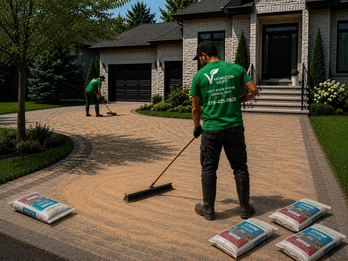 Technicien Horizon Vert balayant du sable polymère dans les joints d’une entrée en pavé uni